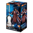 Boîte Naruto Shippuden Blokees Champion Class 05 Madara Uchiha, figurine articulée à assembler avec armure rouge, longs cheveux noirs et éventail de guerre Gunbai, sur fond bleu.