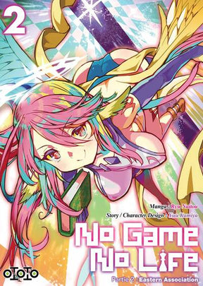 manga No Game No Life Eastern Association Tome 2 avec Jibril en plein vol, ailes déployées et expression déterminée.