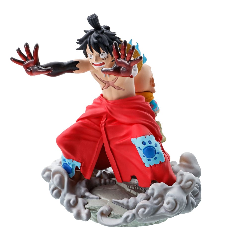 Set One Piece Petitrama Logbox Re-Birth Wanokuni Vol.2 avec quatre mini-dioramas représentant plusieurs personnages de l’arc Wano.