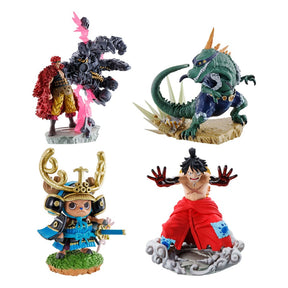 Set One Piece Petitrama Logbox Re-Birth Wanokuni Vol.2 avec quatre mini-dioramas représentant plusieurs personnages de l’arc Wano.