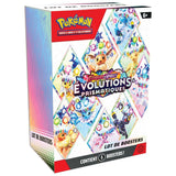 Lot de 6 boosters Pokémon Écarlate & Violet Évolutions Prismatiques – coffret coloré mettant en avant les évolutions d’Évoli.