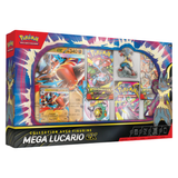 Coffret Pokémon Collection avec Figurine Méga-Lucario ex – contenant 5 boosters, cartes promo, figurine exclusive et code en ligne.