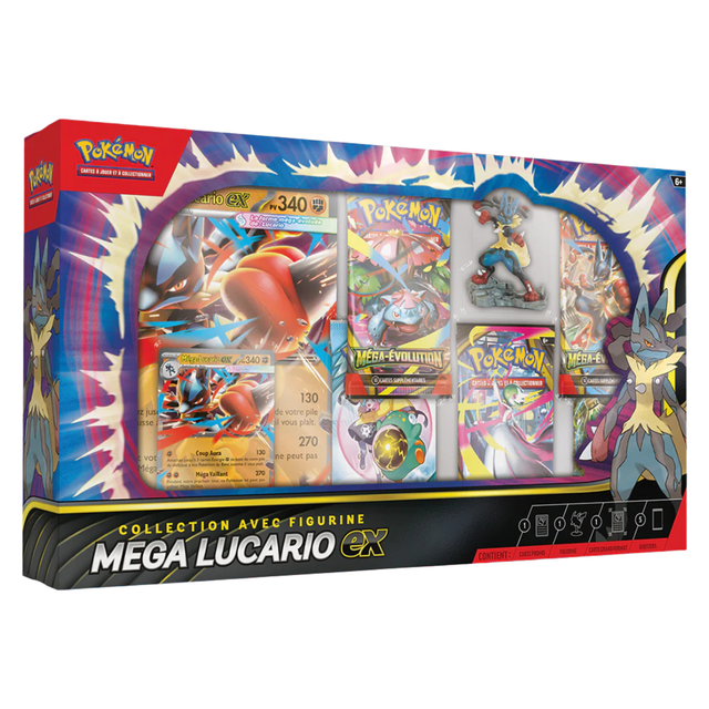 Coffret Pokémon Collection avec Figurine Méga-Lucario ex – contenant 5 boosters, cartes promo, figurine exclusive et code en ligne.