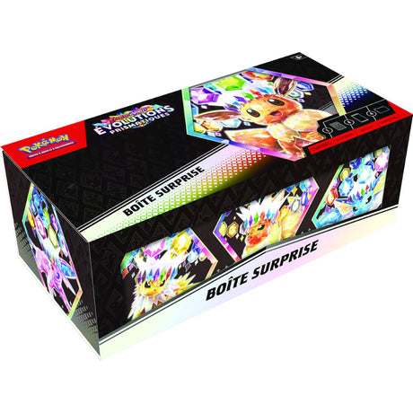 Boîte Surprise Pokémon Écarlate & Violet Évolutions Prismatiques avec boosters, cartes promos, sleeves et boîte de rangement.