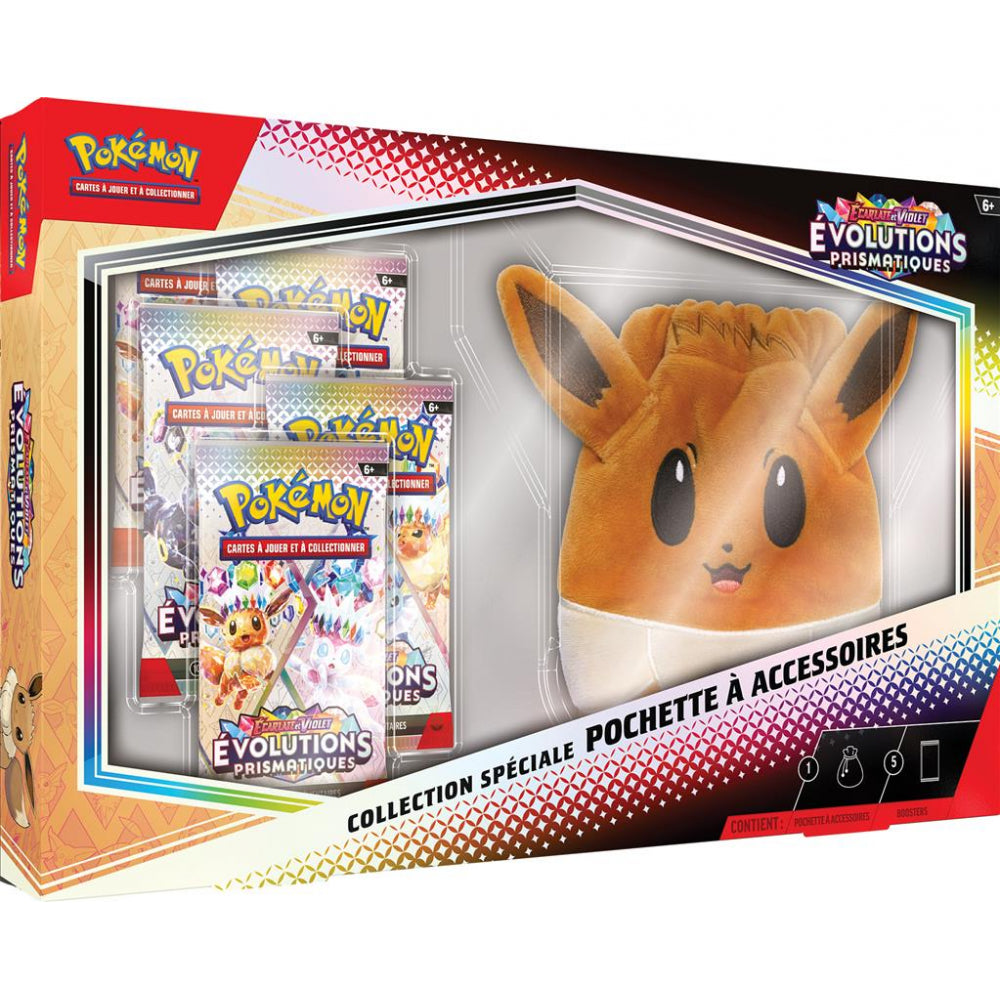 Coffret Pokémon Écarlate & Violet Évolutions Prismatiques Collection Spéciale Pochette Évoli avec 5 boosters et pochette à accessoires exclusive.