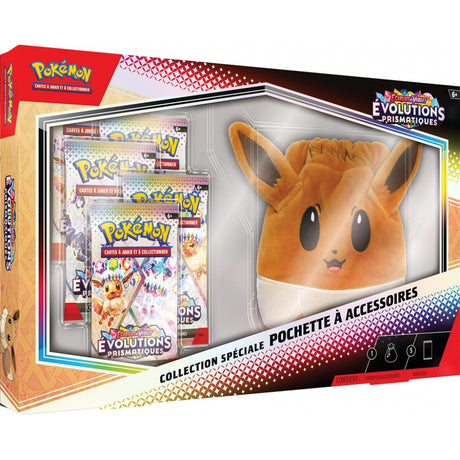 Coffret Pokémon Écarlate & Violet Évolutions Prismatiques Collection Spéciale Pochette Évoli avec 5 boosters et pochette à accessoires exclusive.