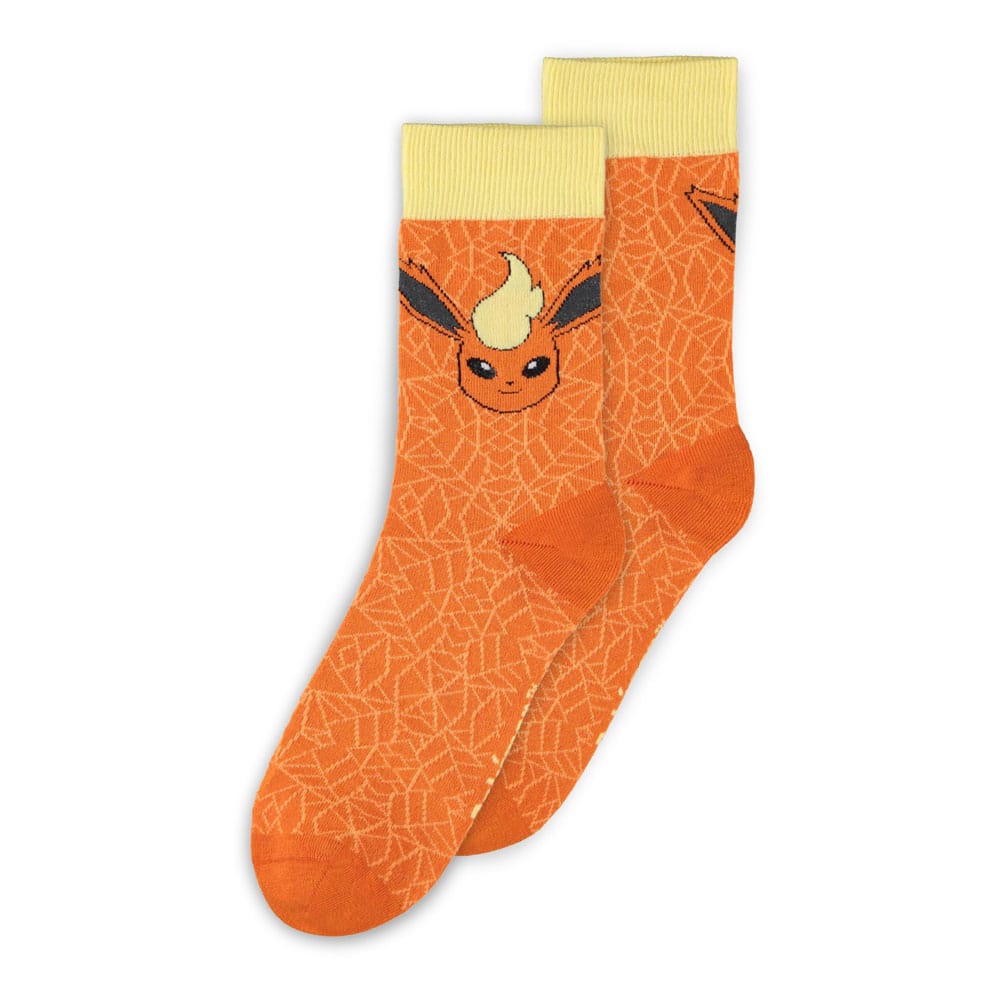Pack de 3 chaussettes Pokémon représentant Jolteon, Vaporeon et Flareon sur fond jaune, bleu et orange respectivement.