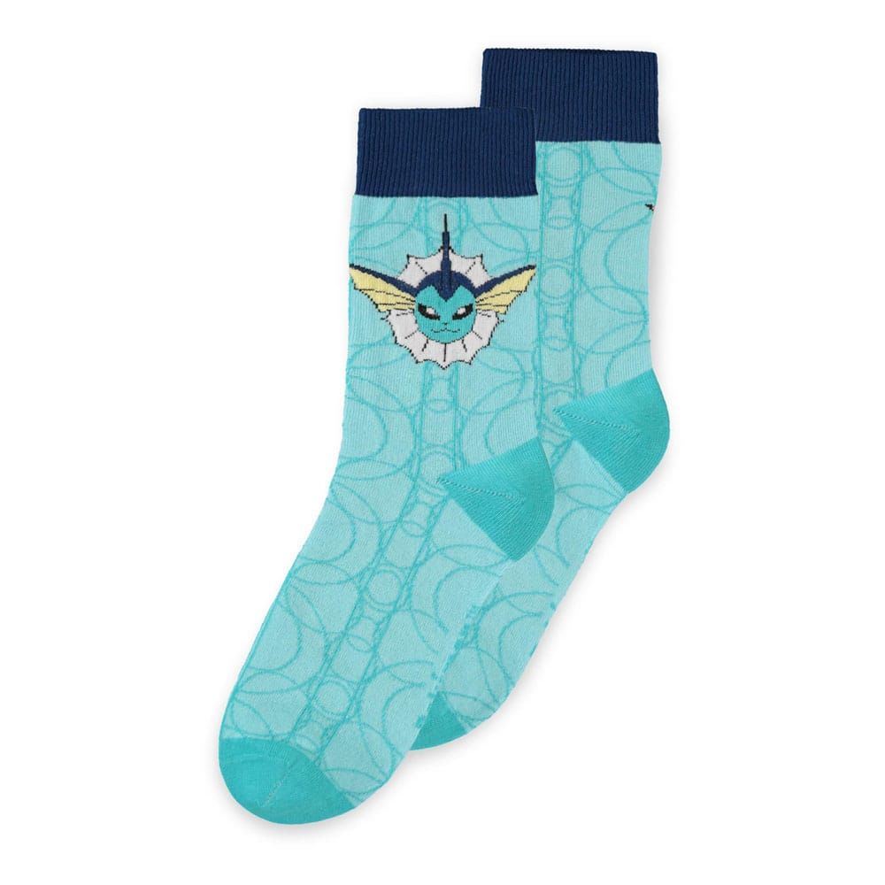 Pack de 3 chaussettes Pokémon représentant Jolteon, Vaporeon et Flareon sur fond jaune, bleu et orange respectivement.