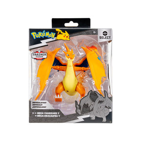 Boîte Pokémon Select Méga-Dracaufeu Y 15 cm avec figurine orange super articulée visible dans l’emballage.