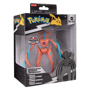 Boîte Pokémon Select Deoxys Forme Normale 15 cm avec figurine orange et bleue super articulée visible dans l’emballage.