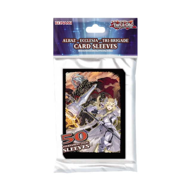 Pack de 50 protège-cartes Yu-Gi-Oh! Albaz Ecclesia Tri-Brigade officiels Konami avec illustration des personnages sur fond noir.