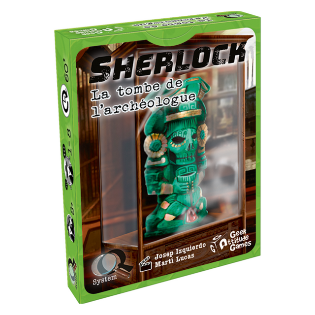Boîte verte du jeu Q System Sherlock La Tombe de l'Archéologue de Geek Attitude Games, illustrant une mystérieuse statuette ancienne turquoise exposée dans une vitrine.
