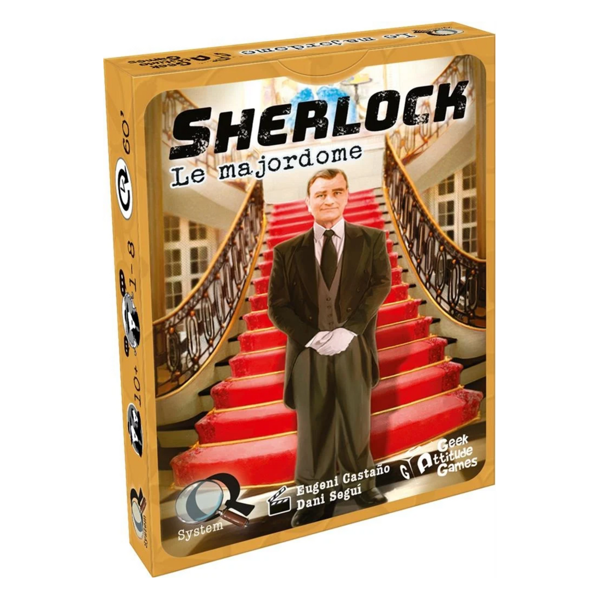 Boîte du jeu Q System Sherlock Le Majordome de Geek Attitude Games, représentant un majordome en costume noir devant un grand escalier rouge dans une demeure luxueuse.