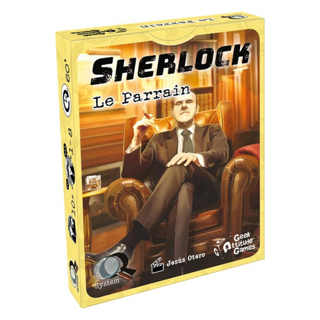 Boîte du jeu Q System Sherlock Le Parrain de Geek Attitude Games, représentant un homme en costume assis dans un fauteuil en cuir, dans une ambiance de film mafieux.
