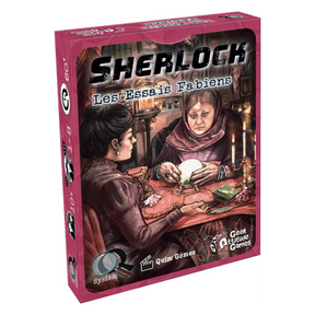 Boîte du jeu Q System Sherlock Les Essais Fabiens de Geek Attitude Games, illustrant deux femmes lors d'une séance de voyance avec une boule de cristal et des bougies.
