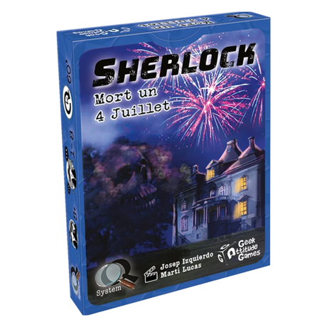 Boîte bleue du jeu Q System Sherlock Mort un 4 Juillet de Geek Attitude Games, illustrant un manoir illuminé par des feux d'artifice, avec un crâne sombre dans le ciel nocturne.