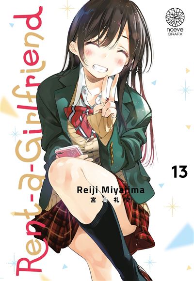 manga Rent-a-Girlfriend tome 13 de Reiji Miyajima, montrant Ruka Sarashina en uniforme scolaire, souriante et faisant un signe de paix avec son téléphone à la main.