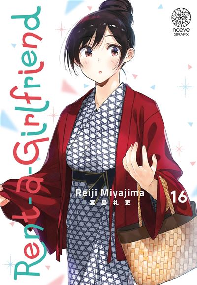 manga Rent-a-Girlfriend tome 16 illustré par Reiji Miyajima, montrant Chizuru Mizuhara en yukata traditionnel rouge et bleu, tenant un panier en osier.