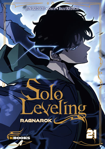 manga Solo Leveling Ragnarok Tome 21, avec un personnage de profil sur fond bleu, effets lumineux et titre doré.
