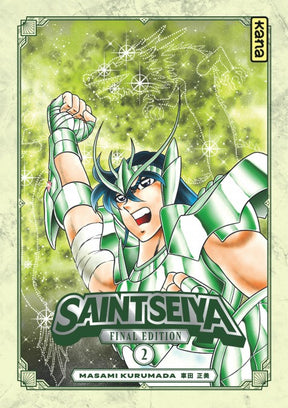 manga Saint Seiya Final Edition tome 2, mettant en avant Shiryu du Dragon en armure verte, poing levé, sur un fond étoilé vert scintillant.