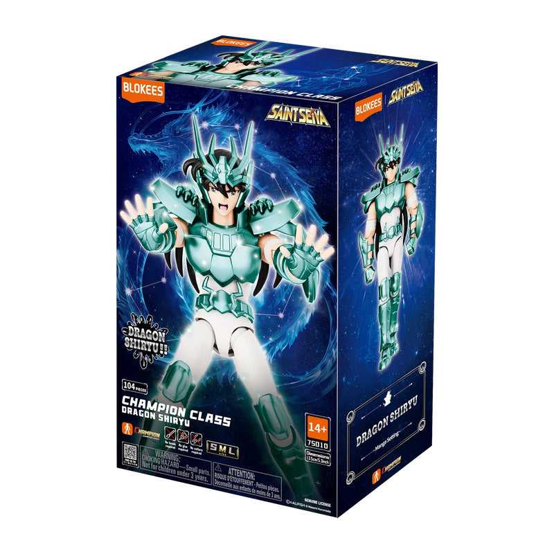 Boîte de figurine Saint Seiya Blokees Champion Class Dragon Shiryu avec armure verte du Dragon.