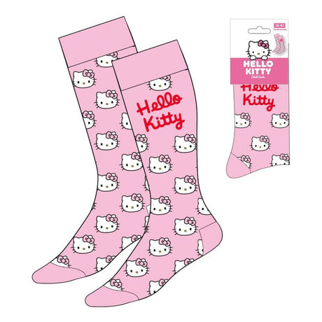 Paire de chaussettes roses Hello Kitty avec motifs du visage de Hello Kitty et logo rouge, taille 36-43, produit officiel Sanrio.