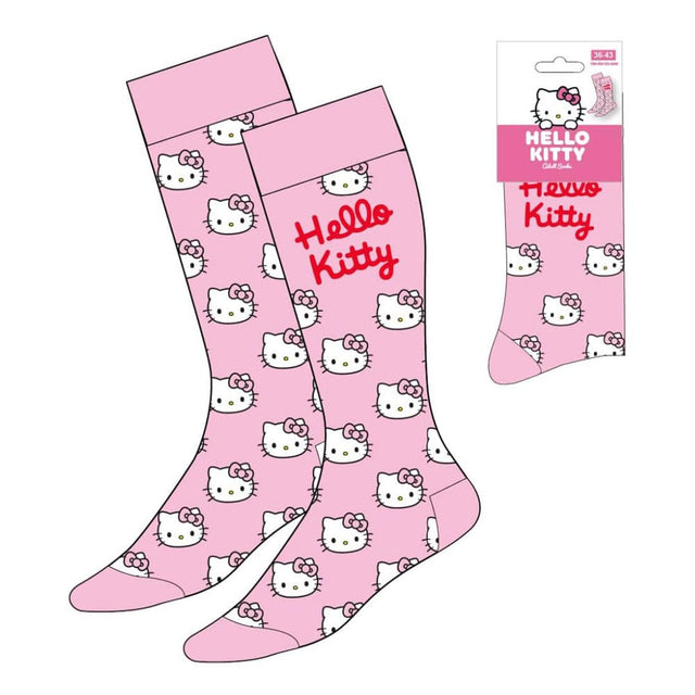 Paire de chaussettes roses Hello Kitty avec motifs du visage de Hello Kitty et logo rouge, taille 36-43, produit officiel Sanrio.