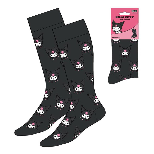 Paire de chaussettes noires Kuromi avec motifs du visage de Kuromi et détails roses, taille 36-43, produit officiel Sanrio.