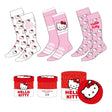 Coffret Hello Kitty contenant trois paires de chaussettes aux motifs Hello Kitty sur fond blanc et rose, taille 36-43, dans une boîte cadeau rouge et blanche officielle Sanrio.