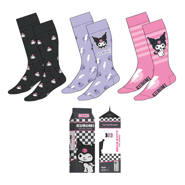 Coffret Kuromi contenant trois paires de chaussettes aux motifs de Kuromi sur fonds noir, violet et rose, taille 36-43, dans une boîte cadeau officielle Sanrio.