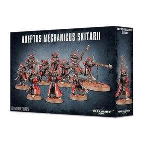 Boîte des Skitarii Adeptus Mechanicus pour Warhammer 40,000. Ce kit contient 10 soldats cybernétiques personnalisables, armés d’armes avancées pour le combat tactique à distance.