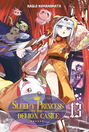 tome 13 de Sleepy Princess in the Demon Castle, montrant la princesse Syalis en tenue de cuisinière, entourée de peluches volantes et de démons surpris dans un décor rouge inspiré de l’Asie.