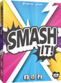 Boîte du jeu Smash It! avec fond coloré bleu, rose et jaune, éclairs blancs et grand titre façon bande dessinée.