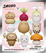 Visuel Smoko Figural Bag Clip Series 1 avec plusieurs porte-clés 3D kawaii à collectionner, dont champignon, bubble tea, radis et licorne.