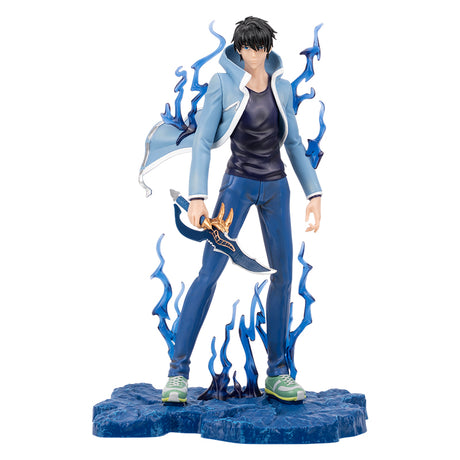 Figurine Sung Jin Woo Solo Leveling avec dague et effets d’ombre bleutés en pose de combat