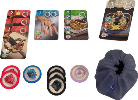 Boîte du jeu de société Splendor Duel avec une couronne dorée ornée de gemmes sur fond bleu.