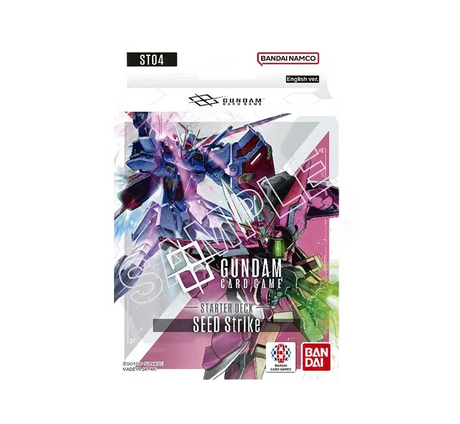 Starter Deck ST04 SEED Strike du Gundam Card Game par Bandai, mettant en avant les Mobile Suits emblématiques de la série Gundam SEED.