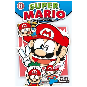 Couverture de Super Mario Manga Adventures Tome 8 de Yukio Sawada, représentant Mario souriant en gros plan, entouré de versions miniatures de Mario avec différentes transformations, éditions Soleil Manga.
