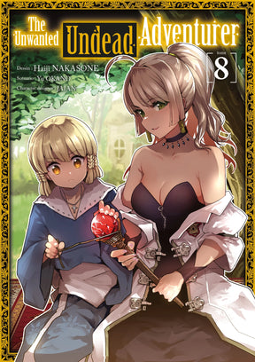 manga The Unwanted Undead Adventurer Tome 8, avec deux personnages féminins manipulant un bâton magique à orbe rouge, dans un décor lumineux de jardin.