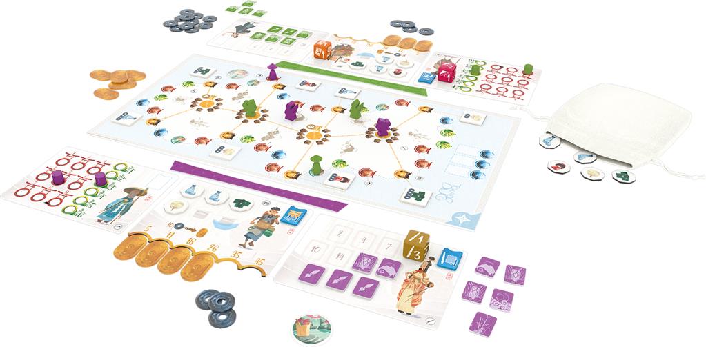 Boîte du jeu de société Tokaido Duo avec illustration japonaise de deux personnages dos à dos et un paysage miniature de Shikoku.