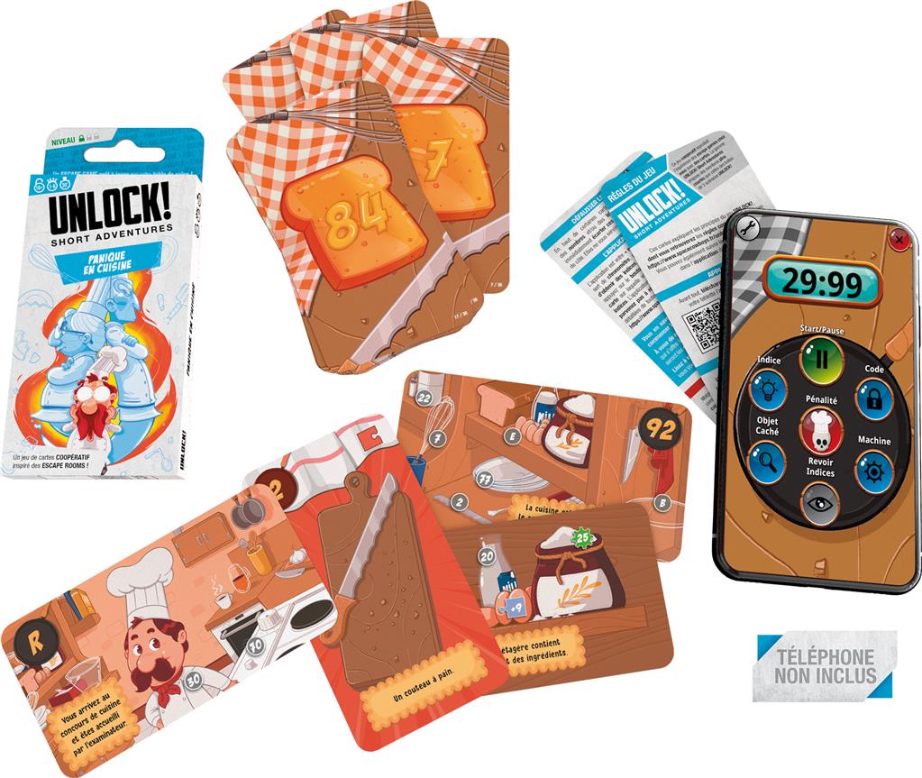 Boîte du jeu Unlock! Short Adventures Panique en Cuisine, un escape game coopératif de cartes au thème culinaire.