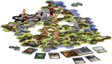 Boîte du jeu de société Le Seigneur des Anneaux : Voyages en Terre du Milieu de Fantasy Flight Games, illustrant des héros combattant des Orques dans une forêt sombre, jeu coopératif pour 1 à 5 joueurs.