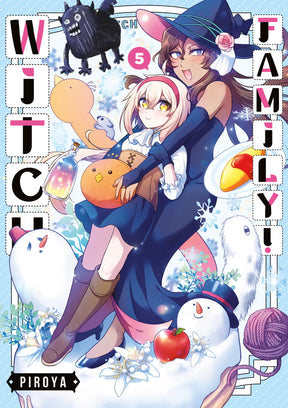 Witch Family! Tome 5 : les deux sorcières sont enlacées sur un fond enneigé. Autour d’elles : bonshommes de neige, flocons, pommes rouges et créatures adorables, dans une ambiance hivernale magique.