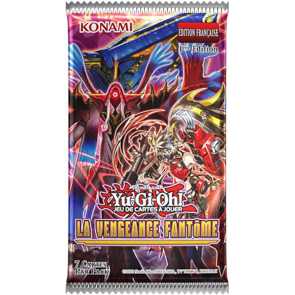 Booster Yu-Gi-Oh! La Vengeance Fantôme contenant 7 cartes, avec visuel officiel de l’extension montrant des monstres aux couleurs rouges et violettes.