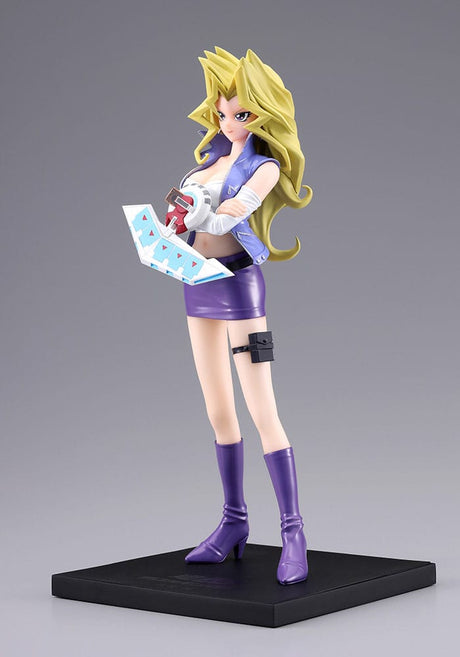 Figurine Yu-Gi-Oh! Oshi Works Mai Valentine 1/7, représentant Mai en tenue violette avec Duel Disk sur socle noir.