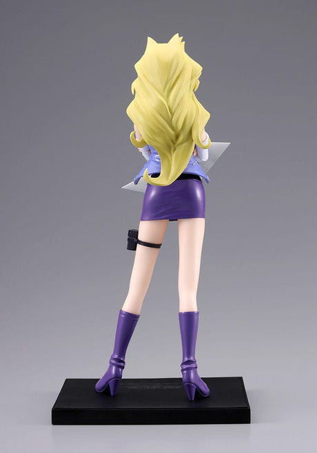 Figurine Yu-Gi-Oh! Oshi Works Mai Valentine 1/7, représentant Mai en tenue violette avec Duel Disk sur socle noir.