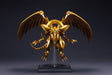 Figurine Yu-Gi-Oh! The Winged Dragon of Ra Egyptian God, dragon doré aux ailes déployées sur socle transparent.