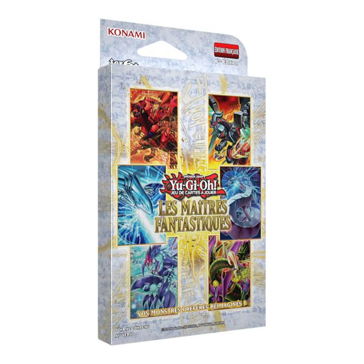 Coffret Yu-Gi-Oh! Jeu de Cartes à Jouer Les Maîtres Fantastiques de Konami, avec plusieurs illustrations de monstres emblématiques sur un packaging collector.