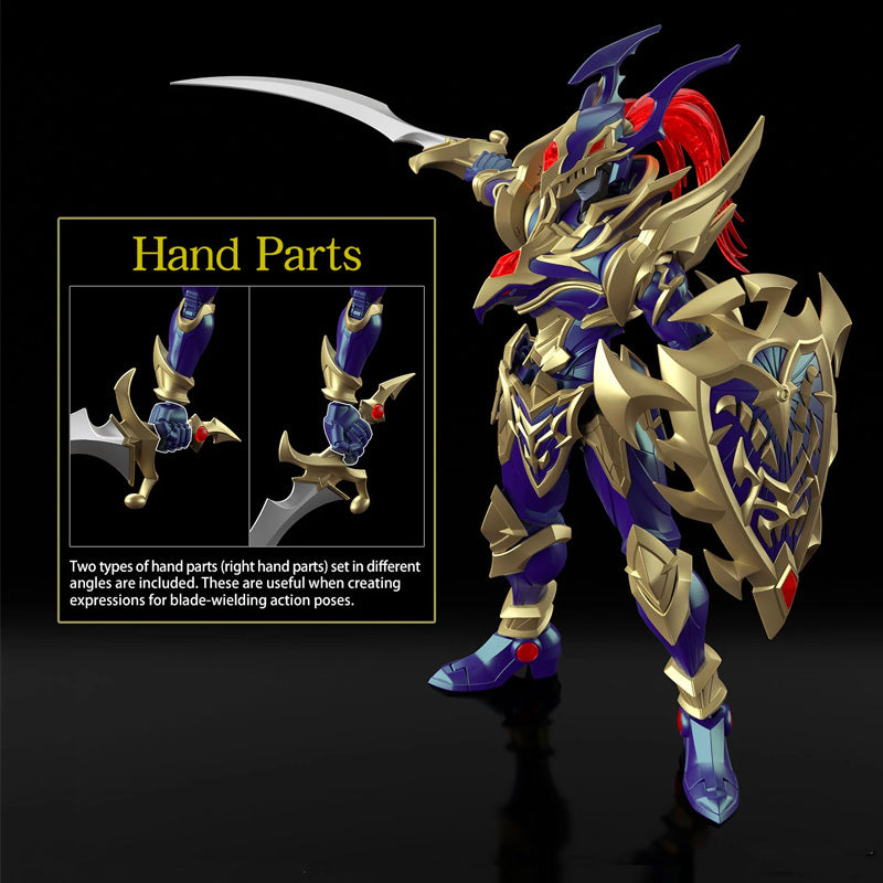 Maquette Yu-Gi-Oh! Figure-rise Standard Amplified Black Luster Soldier avec armure dorée et bleu nuit, sabre courbé et bouclier.