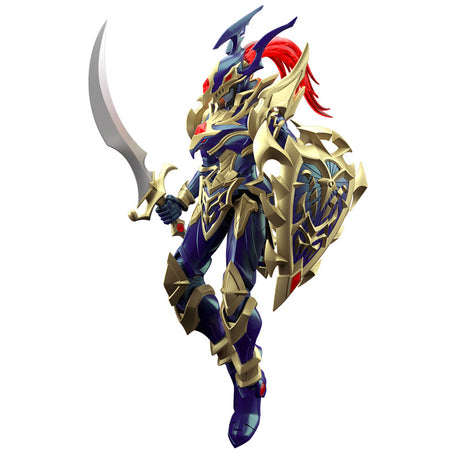 Maquette Yu-Gi-Oh! Figure-rise Standard Amplified Black Luster Soldier avec armure dorée et bleu nuit, sabre courbé et bouclier.